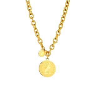 Retro gold titanium steel necklace featuring Elizabeth II portrait coin and thick link chain