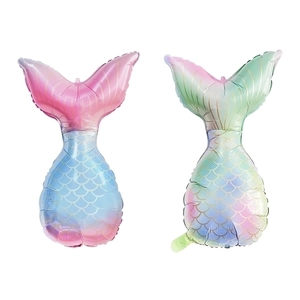 Ocean-themed mermaid tail foil balloons with pink blue gradient and gold scale details