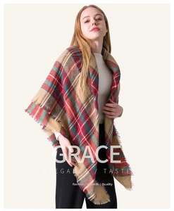Detailed texture of thick plaid cashmere-like scarf with fringe and vintage check pattern