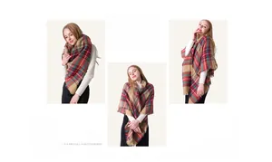 Detailed views of checkered tassel scarf in red, green and khaki cashmere-like fabric