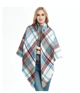 Close-up of multicolored plaid cashmere-feel scarf with elegant fringe detail and soft texture