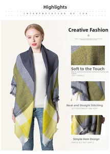 Detail view of yellow and grey plaid scarf featuring soft texture and tassel hem