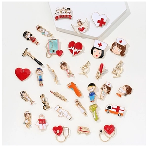 Set of medical cartoon enamel pins with doctors, nurses and stethoscopes on white platforms