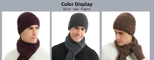Detailed view of winter knit hat and scarf sets in burgundy, dark grey and brown