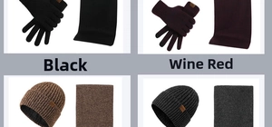 Detail view of winter knitted set including scarf, gloves and beanie in black and wine red