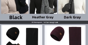 Close-up of thick knit winter set including a warm beanie with plush lining and gloves