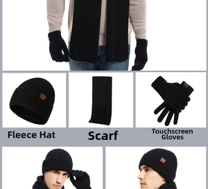 Detailed view of black knitted winter set including fleece hat, scarf, and touch gloves