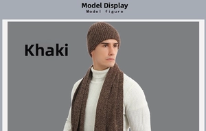 Close-up of thick knitted beanie and scarf set in khaki on male model in studio