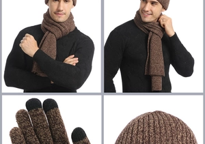Detailed knit texture of winter thermal set featuring scarf and touchscreen gloves