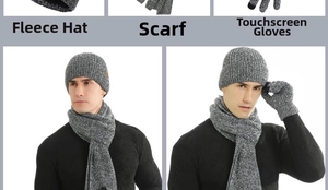 Close-up of thick knit beanie, scarf, and touchscreen gloves set in grey marl fabric