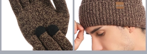Detail of knit beanie and touchscreen gloves with leather logo patch and mixed yarn texture
