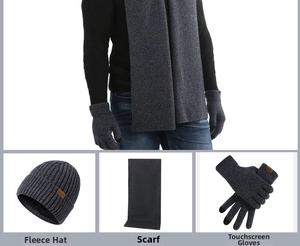Detail view of winter set featuring fleece lined hat, scarf, and touchscreen gloves