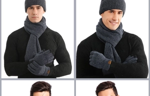 Close-up of grey knit winter set showing warm ribbed beanie, scarf, and touchscreen gloves