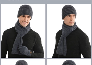 Close-up of ribbed knit winter set featuring thick beanie, scarf, and gloves in dark grey