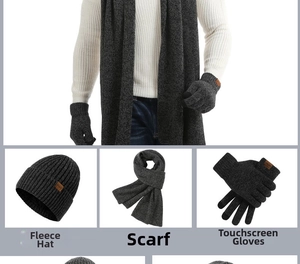 Close-up of thermal knit beanie with fleece lining, scarf and touchscreen gloves set