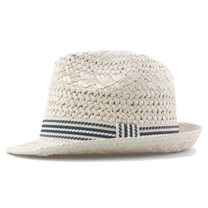 Breathable cream handmade woven straw fedora hat with striped band for summer beach sun protection