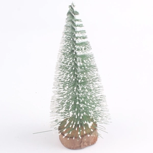 Miniature snow-flocked pine tree with wooden base for Christmas tabletop decoration