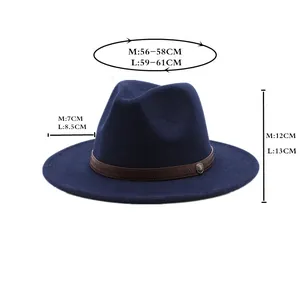 Size guide for dark blue fedora hat showing crown height and brim measurements in cm
