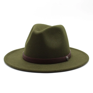 Detail of dark green wool fedora with brown leather band and antique metal buckle