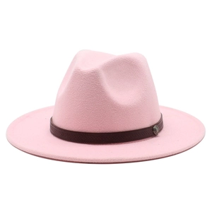 Classic pink wool felt fedora hat with brown faux leather band and silver rivet