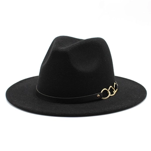 Classic black wool fedora hat with wide brim and elegant gold chain link metal buckle