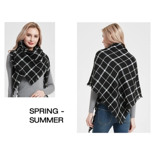 Front and back view of a black and white plaid cashmere-like shawl with fringe edges
