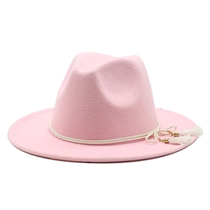 Pink wool fedora hat with white tassel cord decoration and wide flat brim for women