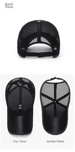 Detail view of breathable black mesh baseball cap with adjustable strap and internal tag