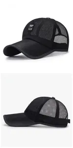 Detailed side views of a black breathable mesh sun hat with an extended brim design