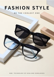 Detail view of square black sunglasses and clear lens glasses with YT7721 model specs