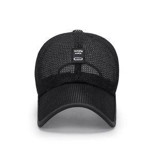 Summer outdoor breathable black mesh baseball cap with long brim and white logo patch