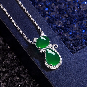 Silver cat pendant necklace with green onyx and sparkling crystal accents for women