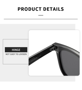 Detail of robust hinge design on square frame sunglasses for durability and stability