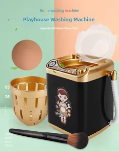 Detailed view of mini toy washing machine for cleaning makeup brushes with drainage basket