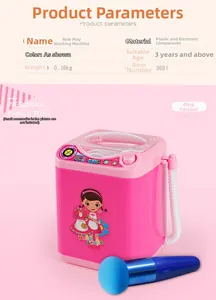 Detailed close-up of pink toy washing machine with drainage pipe and technical parameters