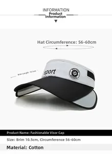 Detail showing fashion cotton visor hat dimensions 10.5cm brim and 56-60cm circumference