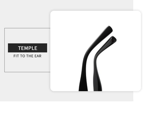 Detail view of ergonomic glossy black sunglasses temples designed for a comfort ear fit