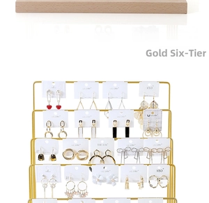 6-tier gold metal earring organizer with wood accent for hanging multiple jewelry cards