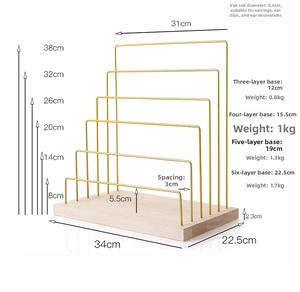 Detailed dimension layout of a 6-tier wood and gold metal jewelry display stand