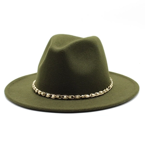 Detail of olive green wool fedora hat featuring a gold chain with white pearl accents