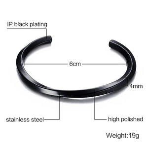 Detail of 4mm high polished IP black stainless steel C-shaped cuff bracelet for women