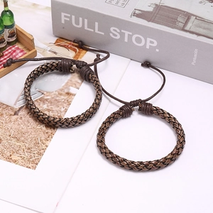 Minimalist brown PU leather braided bracelet set with adjustable cord for men and women