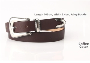 Close-up of vintage engraved buckle on a coffee brown PU leather belt, 105cm x 2.4cm