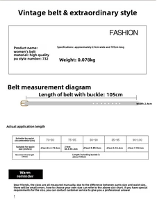 Size chart for women's vintage PU leather belt with alloy pin buckle measurements