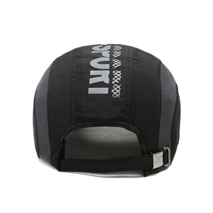 Quick-dry black baseball cap with grey mesh side panels and SPURT printed lettering
