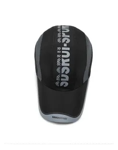 Top view of breathable mesh baseball cap with SUSKUI-SPUR print and checkered detail