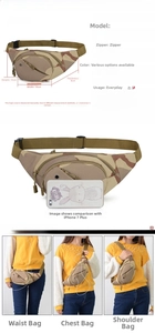 Sac banane tactique en nylon avec dimensions 14x18x8cm et détails des poches zippées
