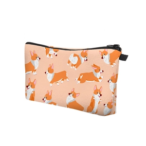 Close-up of waterproof fabric pouch featuring cute Corgi dog digital print and black zipper