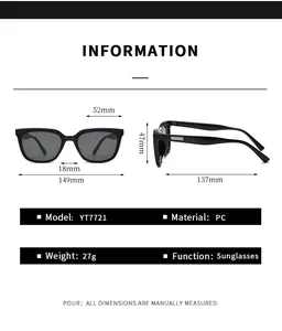 Detailed size chart for square frame sunglasses showing lens width and arm measurements