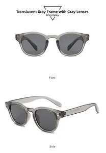 Detailed front and side views of transparent gray square frame sunglasses with gray lenses